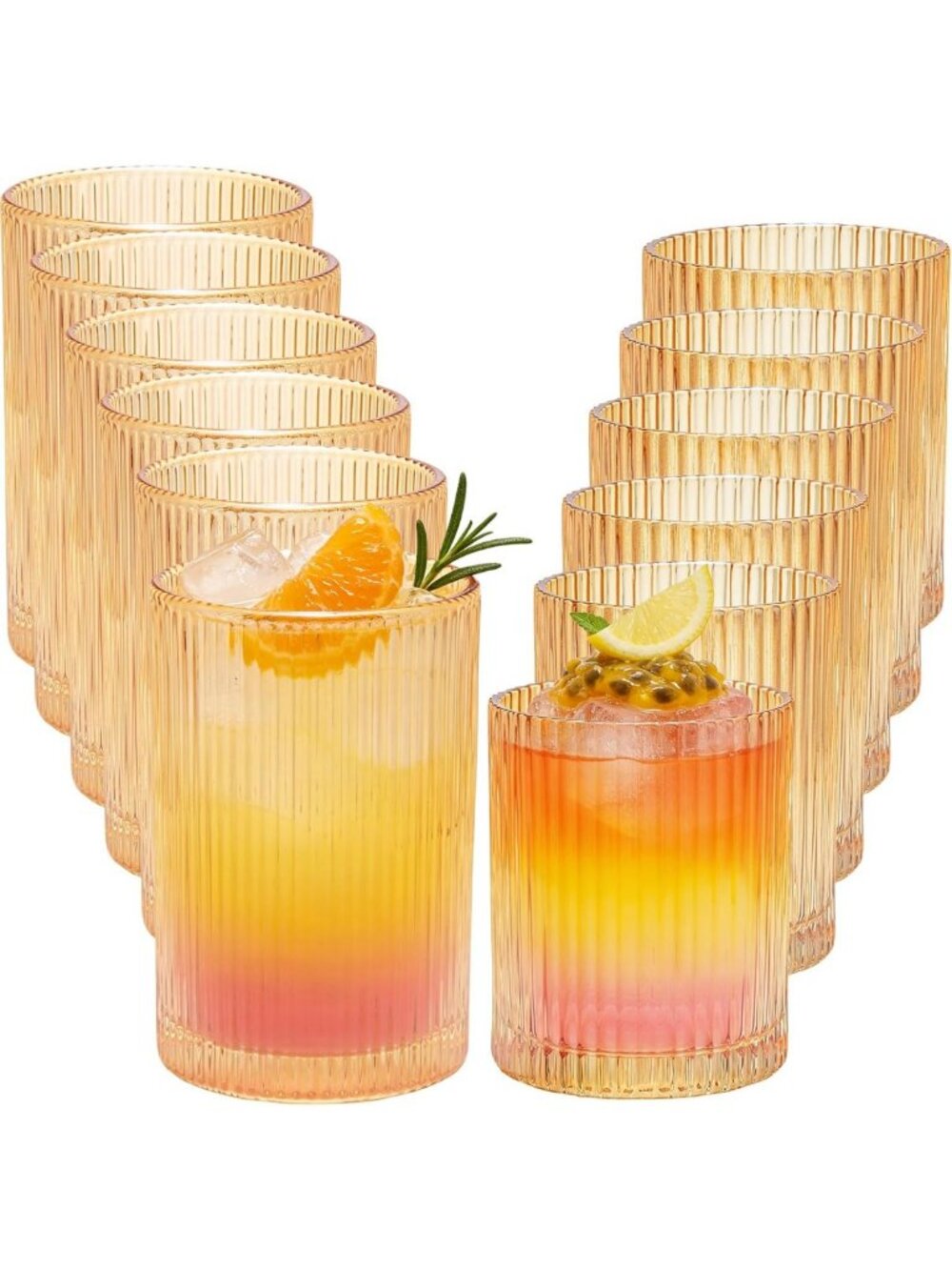 Set of 12 Vintage Ribbed Drinking Glasses - Elegant Highball Tumblers for Iced